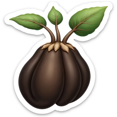 A realistic illustration of black ginseng root (heuksam) in the style of iPhone emoji: glossy dark brown-black color, smooth gradient shading, subtle texture details on the root surface, elegant natural curves, clean simple shapes, no outlines, slight 3D depth, high-quality digital illustration.
 sticker