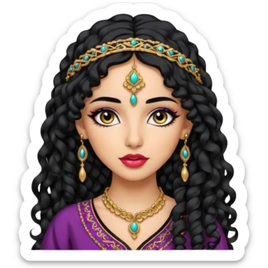 emoji of a fashionable girl with arabian features, long curly hair, light skin, pretty lips, black eyeliner, in arabian clothes sticker