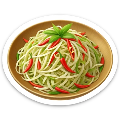 Cinematic Realistic Som Tam (Papaya Salad) Dish Emoji, featuring a spicy, tangy salad of shredded green papaya with chili and lime rendered with crisp textures and bright, lively lighting. sticker