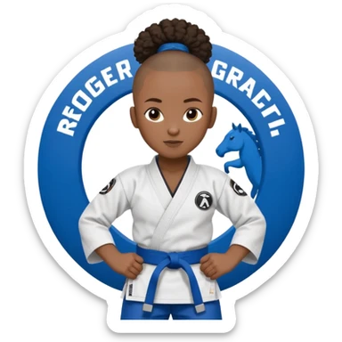 black karate instructor with pony tail afro hair and shaved bald sides haircut, Make the hair brown and the belt blue. Add the roger Gracie academy logo on the go also and the p logo of progress jiu jitsu on the right arm at the top sticker
