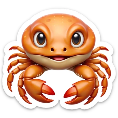 Cinematic Cute Baby Crab Portrait Emoji, Head tilted playfully and inquisitively, featuring an adorably small form with a delicately patterned carapace, round, sparkling eyes, and tiny, endearing pincers, Simplified yet irresistibly adorable features, highly detailed, glowing with a warm, friendly coastal glow, high shine, affectionate and lively, stylized with a touch of seaside whimsy, soft glowing outline, capturing the essence of a mischievous yet loving baby crab that seems as if it could pinch its way out of the screen into your arms! sticker