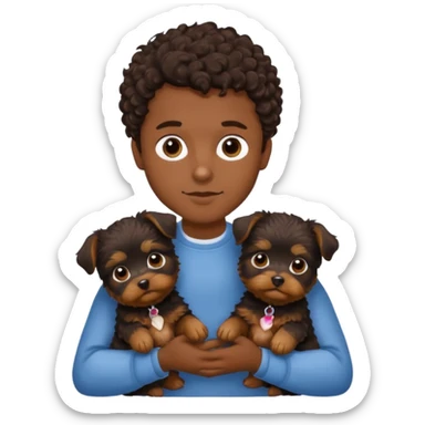 young man with dark brown curly hair, deep set eyes with two Yorkie puppies sticker