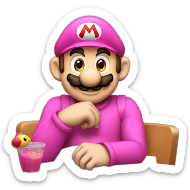 mario sitting at a table with a pink teletubby sticker