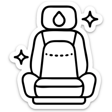 outlined icon of a luxury matte black car seat with a droplet or shield on the headrest, clean lines, elegant stitching, extra shine and sparkling effects, modern and simple sticker