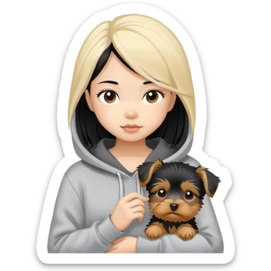 a black-haired Chinese girl in a gey hoodie with a blonde yorkie puppy sticker