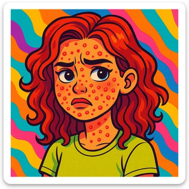 vibrant toon style chica con acné en el rostro, fondo colorido sticker