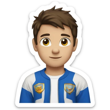 A young boy with short brown hair and brown eyes wearing a blue sonic the hedgehog shirt
 sticker