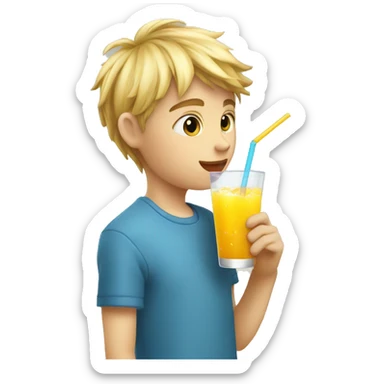 A blonde boy sucking juice with a straw while his hand is holding the drink, profile view sticker
