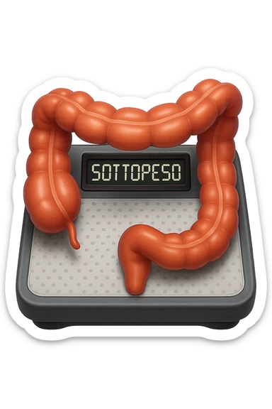 bilancia pesapersone con la scritta "SOTTOPESO" SUL DISPLAY, INTESTINO UMANO SULLA BILANCIA, stile emoji iphone, iperrealistico 4k sticker