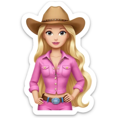 Cowgirl blonde Barbie model, long shiny hair, glamping, pink outfit sticker