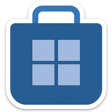 Create a very simple flat color clip art style Microsoft Store icon. Use three blue shades from the palette. The icon should be minimal with a shopping bag featuring a simplified window logo in blue shades. No text. Transparent background. sticker