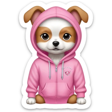 small dog wearing Victoria's Secret pink hoodie with logo sticker
