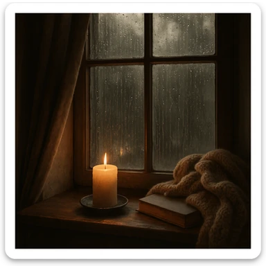 window with rain outside and a candle on the sill, cozy mood sticker