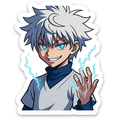 Killua Zoldyck from Hunter x Hunter, mischievous smile, electric sparks on hand, subtle animation with sparks flickering and eyes glowing, modern sharp anime style, bold colors, clean lines, slightly futuristic, optimized for chat emoji sticker