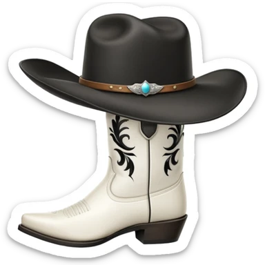 All white classic cowboy boots with one hat tilted resting on top of them sticker