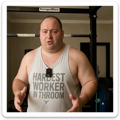 Create a realistic version of the man in the reference photo with developed musculature and body fat distributed over the entire body, maintaining the original pose. sticker