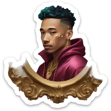 Vintage painting swirls gold jewellery baroque raven wings angel tropical Deep pink maroon burgundy cyan dark hoodie man vitiligo dyed hair gold piercings nose piercing ear piercings sticker