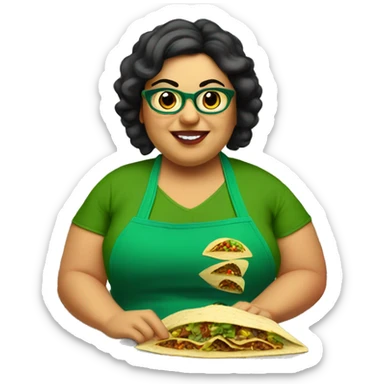 mexican chubby lady green apron  with glasses cooking tacos sticker