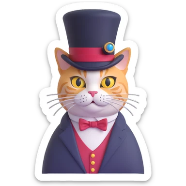 A cute cartoon-style emoji of a cat wearing a top hat and monocle, looking sophisticated sticker
