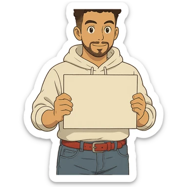 1 male, mid fade haircut dark chestnut brown curly hair, toasted lightskin, white hoodie sleeves up, fashion jeans, red fashion-sneakers shoes, red belt, short trimmed beard and goatee,  style of deku from "my hero academia", pose: holding a blank poster chest level, the image is framed from the waist to above the top of the head sticker