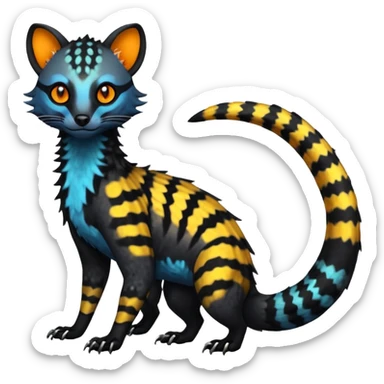 Rare warm-colored exotic edgy epic aesthetic spooky dark modern colorful cyber-Genet-Trico-Salandit-Civet-species-Fakemon-hybrid-creature, with beautiful intricate markings, full body sticker