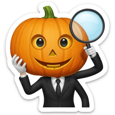 A pumpkin smiling at a magnifying glass (the magnifying glass has a suit thats black, the magnifying glass also has one eye in the middle turn the magnifying glass into a living person give the magnifying glass Normal looking eyes and give it actual arms and legs  sticker