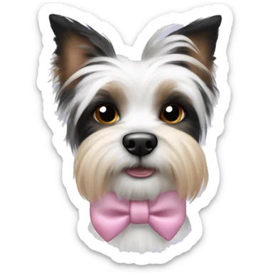 Black and white Biewer Terrier with pink bow between ears. Dog has One blue eye and one brown eye.  sticker