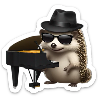 Hedgehog wearing a fedora, black lipstick, and black sunglasses, playing piano sticker