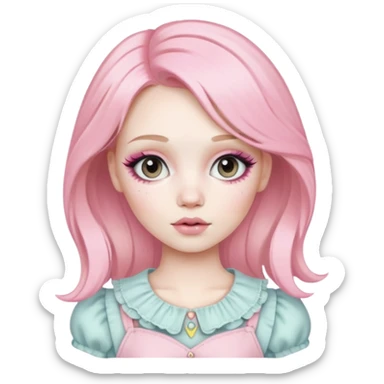 Blonde woman with pastel pink hair, pale skin, doll-like appearance, ThatPoppy music artist sticker