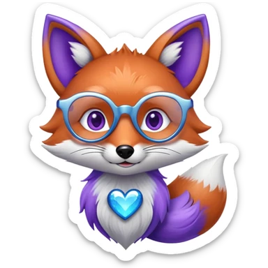 A whimsical fox with sparkling purple-blue fur, a glowing tail, a silver star on its forehead, and round glasses, with heart-shaped eyes, looking in love sticker