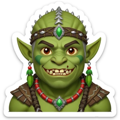 Christmas fantasy orc icon, winter feast chief theme, tribal ornaments, joyful brutal expression, festive winter atmosphere, stylized emoji portrait, male/female variant
 sticker