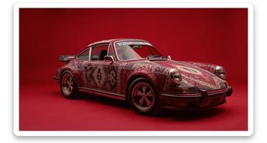 Medium shot of a porsche 911, body of car made of russian carpet with patterns, red solid studio background, low keu light, top soft light, dutch angle,  captured by ARRI 65 sticker