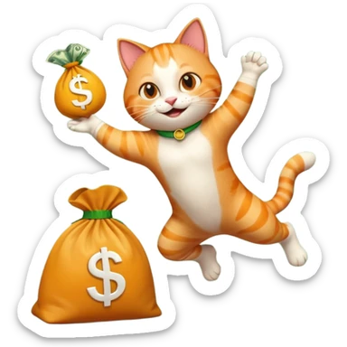 happy cat leaping into a modern money bag with a dollar symbol, emoji style sticker