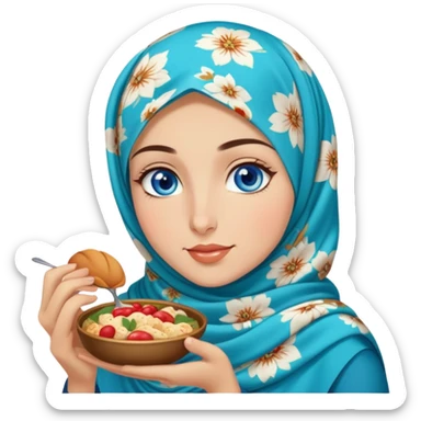 Turkish beautiful finish Konya girl blue eyes with floral hijab islamic dress and she’s savouring delicious food face sticker