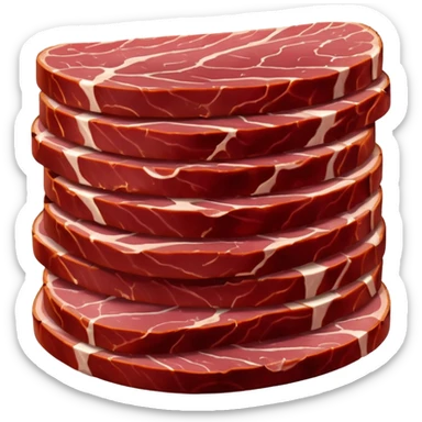 overlapping thin slices of air-dried beef, deep red color, smooth glossy surface, darker curved edges, visible lean texture, no board or packaging, soft light, subtle shadow, emoji scale sticker
