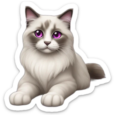 Ragdoll cat with magenta eyes and grey furr, sitting on the floor sticker