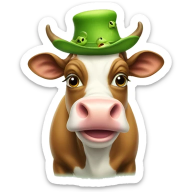 A cow wearing a frog hat sticking its tongue out sticker
