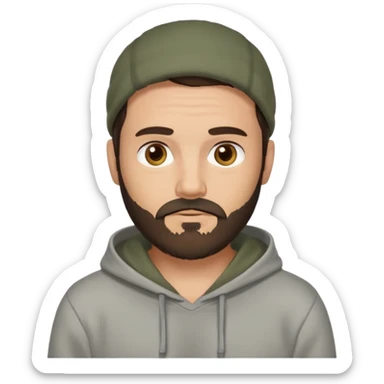 Uomo adulto con la barba capello moro occhi marroni metà busto e vestito con una felpa grigia e maglietta bianca sticker