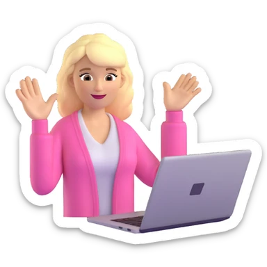 blonde woman in a pink cardigan waving while working on a laptop sticker