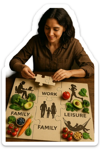 realistica cinematic photo a person is surrounded by puzzle pieces, each representing a different aspect of their life (work, exercise, family, leisure), and healthy foods are integrated into each piece. The person assembles the puzzle, creating a complete, personalized nutrition plan. The mood is uplifting and creative. in italiano sticker