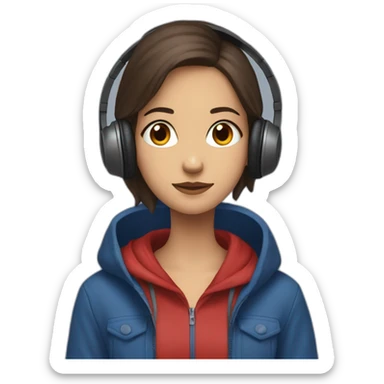 Lo-fi girl studing headphones, blue jacket, red hoodie sticker