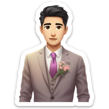 Gorgeous romantic anime style Asian formal modern gentlemanly guy with flowers and blushing face aesthetic trending style outside with colorful gradient colors sticker