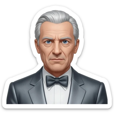 Ernst Stavro Blofeld from James Bond series with blue eyes, silver hair, charcoal grey metallic suit with bow tie sticker