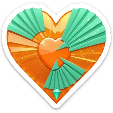 orange glittery heart, chopped  in pieces like shattered glass edges  with a couple mint green art deco fans  sticker