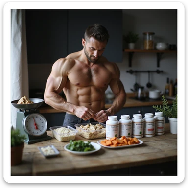 realistic scene of a male bodybuilder in kitchen preparing meals with precision scale, containers of rice, chicken, vegetables, and a row of supplement and medicine bottles labeled in Italian: 'testosterone', 'GH', 'insulina', daily preparation atmosphere sticker