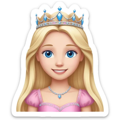 Princess with blue eyes, long blonde hair, tiara and pink dress, smiling sticker