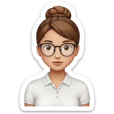 girl wearing white polo brown hair in a bun and wearing eye glasses sticker