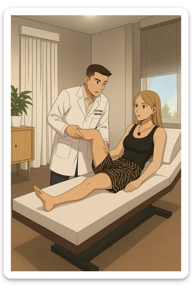 fai un webtoon/manga a colori con questo kinesiologo in camice bianco (fagli la scritta "ANTONIO ANANIA" SUL CAMICE) CHE SVOLGE UN TEST NEUROMUSCOLARE SOLLEVANDO UNA GAMBA ALLA RAGAZZA CHE è STESA SU UN LETTINO BIANCO. STANZA SEMPLICE E MODERNA, DURANTE IL TEST I DUE DIALOGANO TRA LORO. NON FARE I FUMETTI, FAI SOLO LORO COME SE DIALOGASSERO sticker