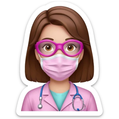 Dentista mujer con mascarilla rosada, cabellos marron, piel blanca, camisa rosada, ojos marrones sticker