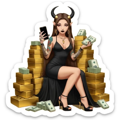 Sensual seductress long brown straight haired sexy drug lord woman with tattoos on arm sleeves and black gold platform high heels on her feet,  and devil black horns on her head, holding a stack of cash, has a phone in other hand. Sitting on gold cases full of drugs, long black dress with sexy slit sticker